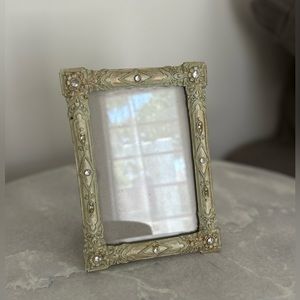 Vintage metal picture frame for 4” x 6” photo light green and gold with crystal